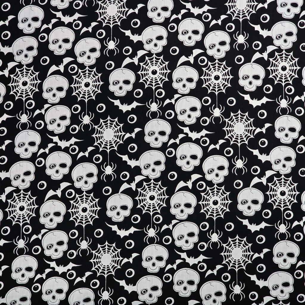 Spooky Skulls on Black - Halloween Polycotton Fabric