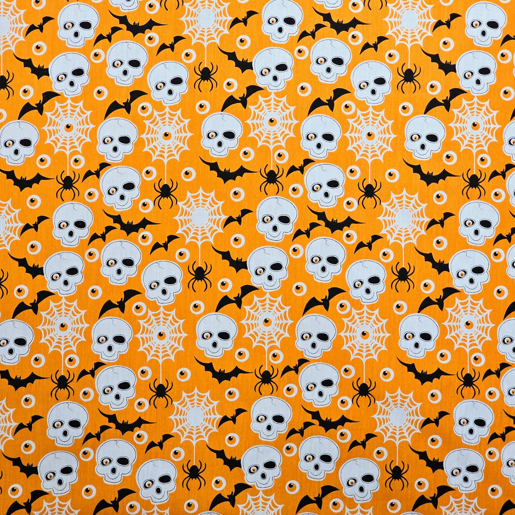 Spooky Skulls on Orange - Halloween Polycotton Fabric