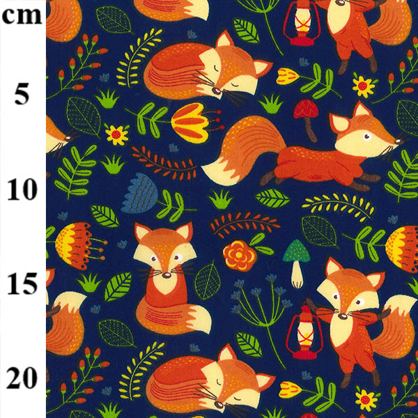Fox on Navy Blue Polycotton Fabric