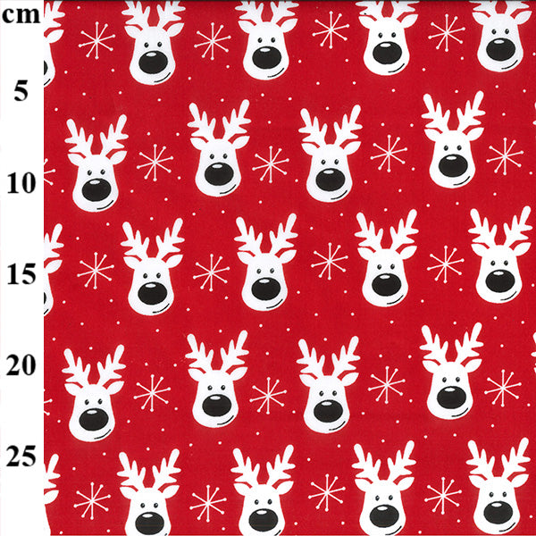 Happy Reindeer on Red Christmas Polycotton Fabric