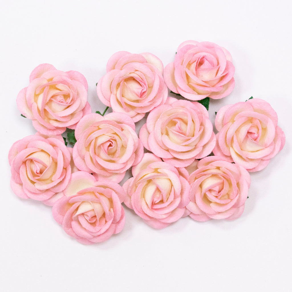 Two Tone Baby Pink/Ivory Mulberry Paper Flowers - 35mm Chelsea Roses