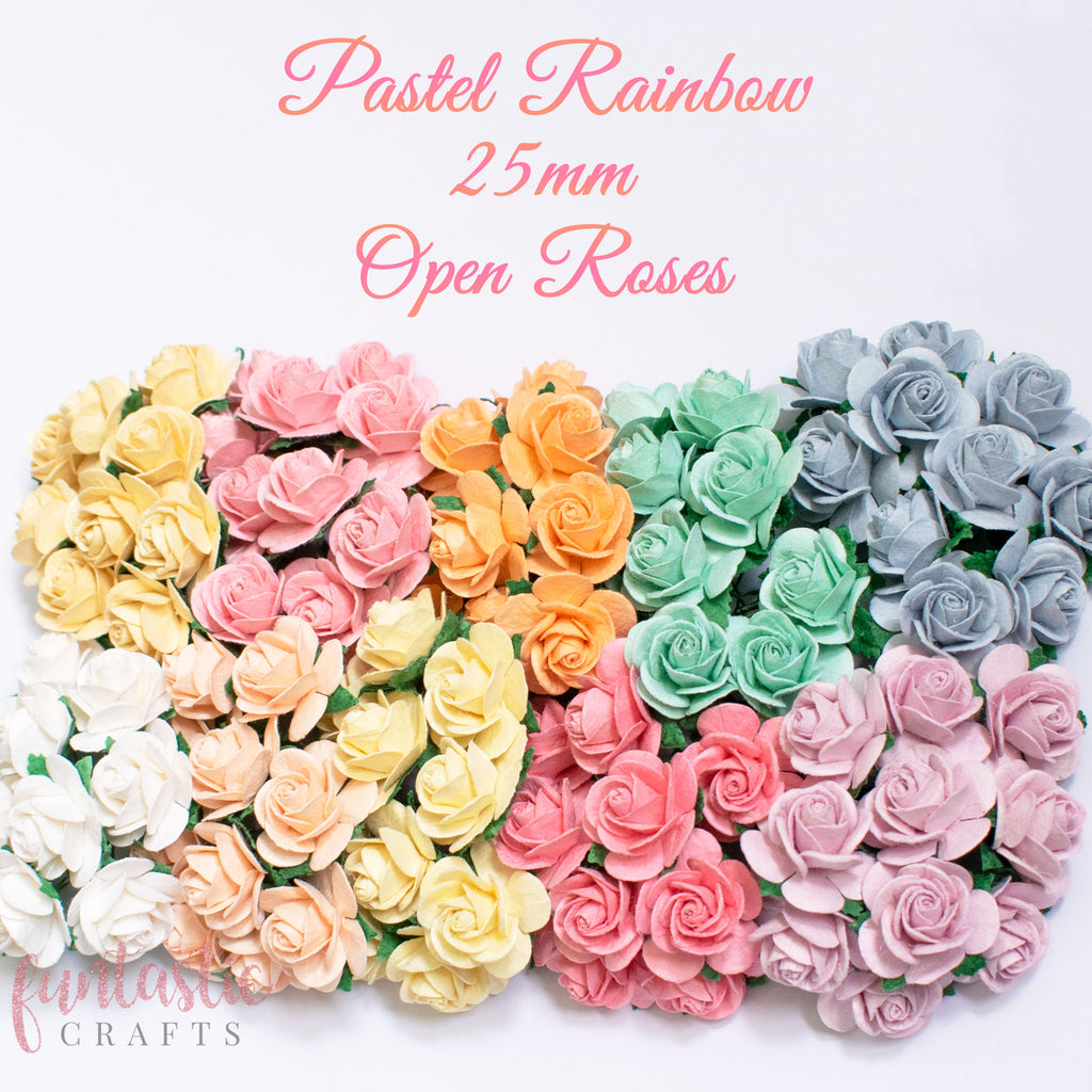 25mm Pastel Rainbow Pack Mulberry Paper Flowers Open Roses