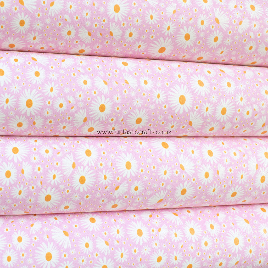 Pink Daisy Floral Glitter Faux Suede Fabric