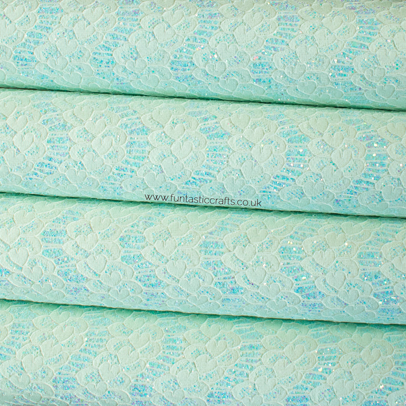 Iridescent Pastel Glitter Lace Fabric - Aqua
