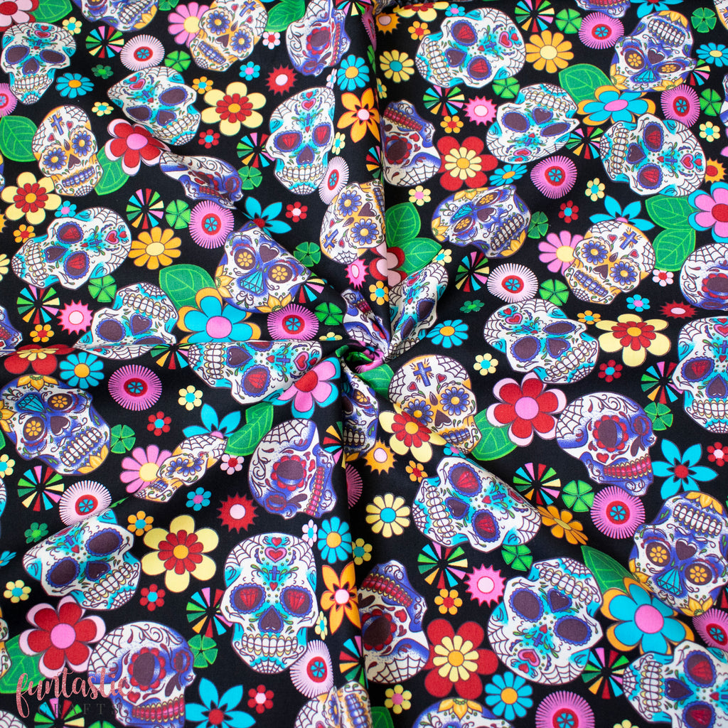 Black Day of the Dead Sugar Skulls 100% Cotton Fabric