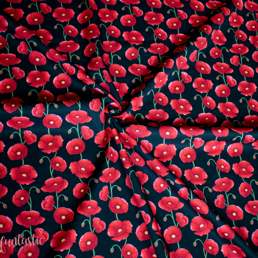 Poppies on Black - 100% Cotton Fabric by Rose and Hubble