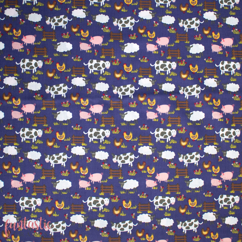 Farm Animals on Navy Blue Polycotton Fabric