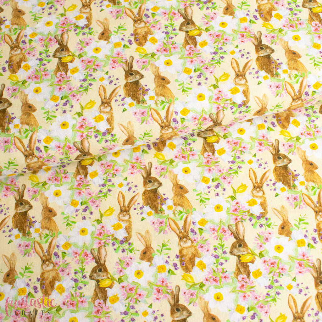 Floral Spring Bunnies 100% Cotton Fabric for Easter