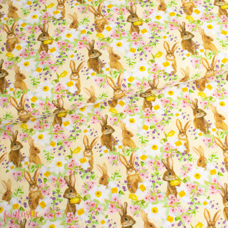 Floral Spring Bunnies 100% Cotton Fabric for Easter