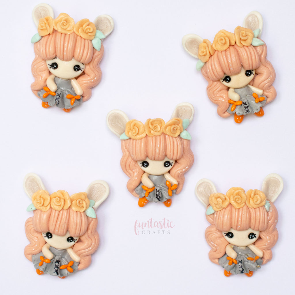 Handmade Flat Back Clay Embellishments - Coral Bunny Babe