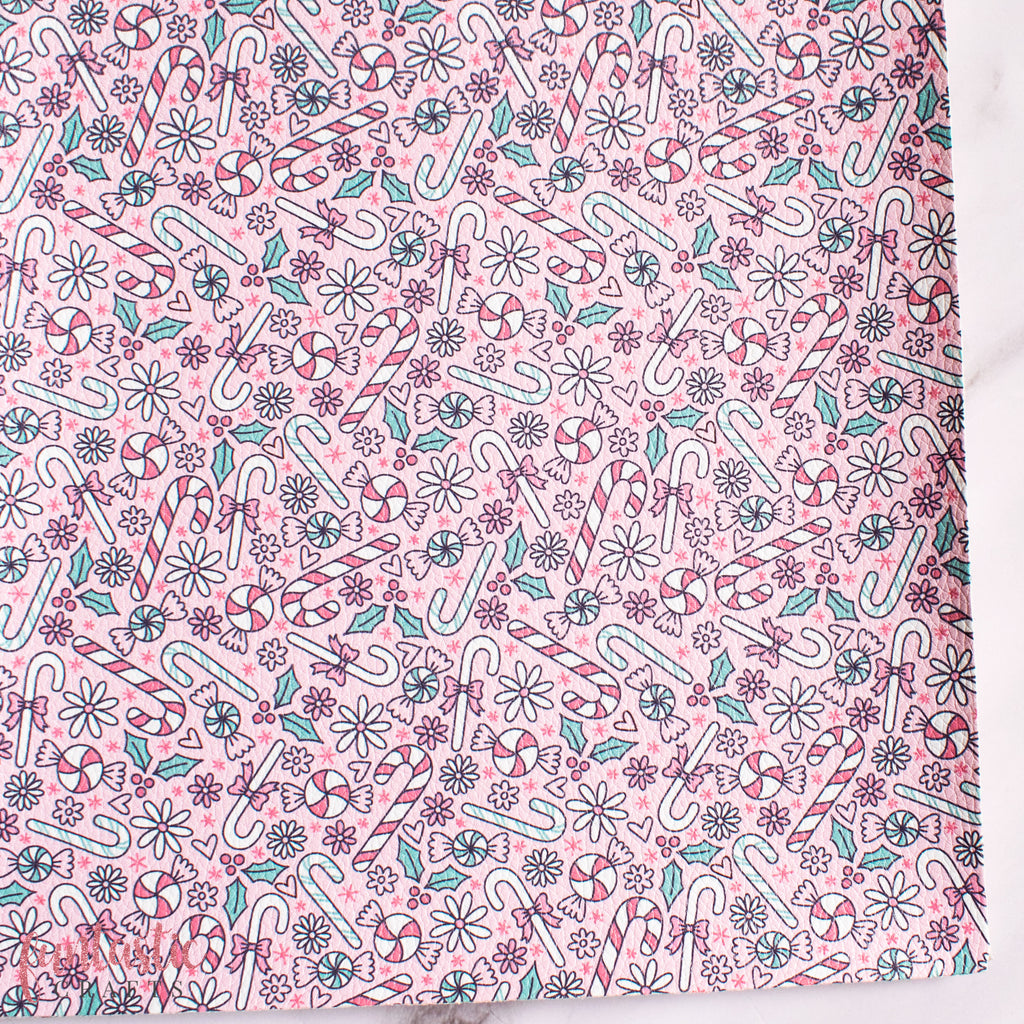 Candy Cane Floral Christmas Printed Leatherette