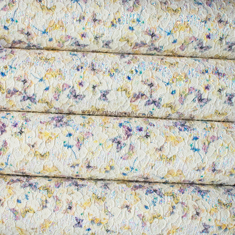 Iridescent Glitter Lace Fabric with Butterflies - Nude
