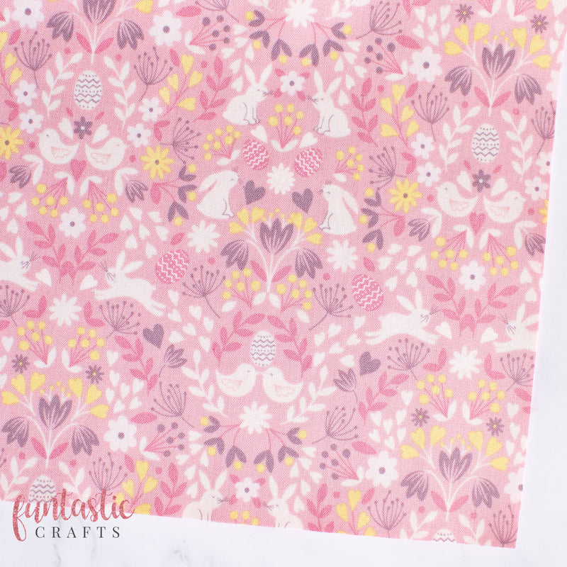 Tiny Floral Easter Bunnies on Pink - Fabric Felt Sheet