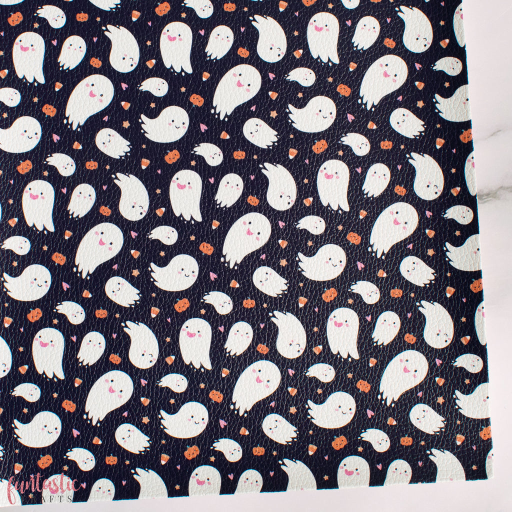 Cute Ghosts on Black Halloween Printed Leatherette