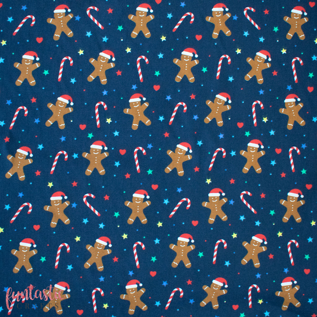 Gingerbread Men on Navy Polycotton Fabric