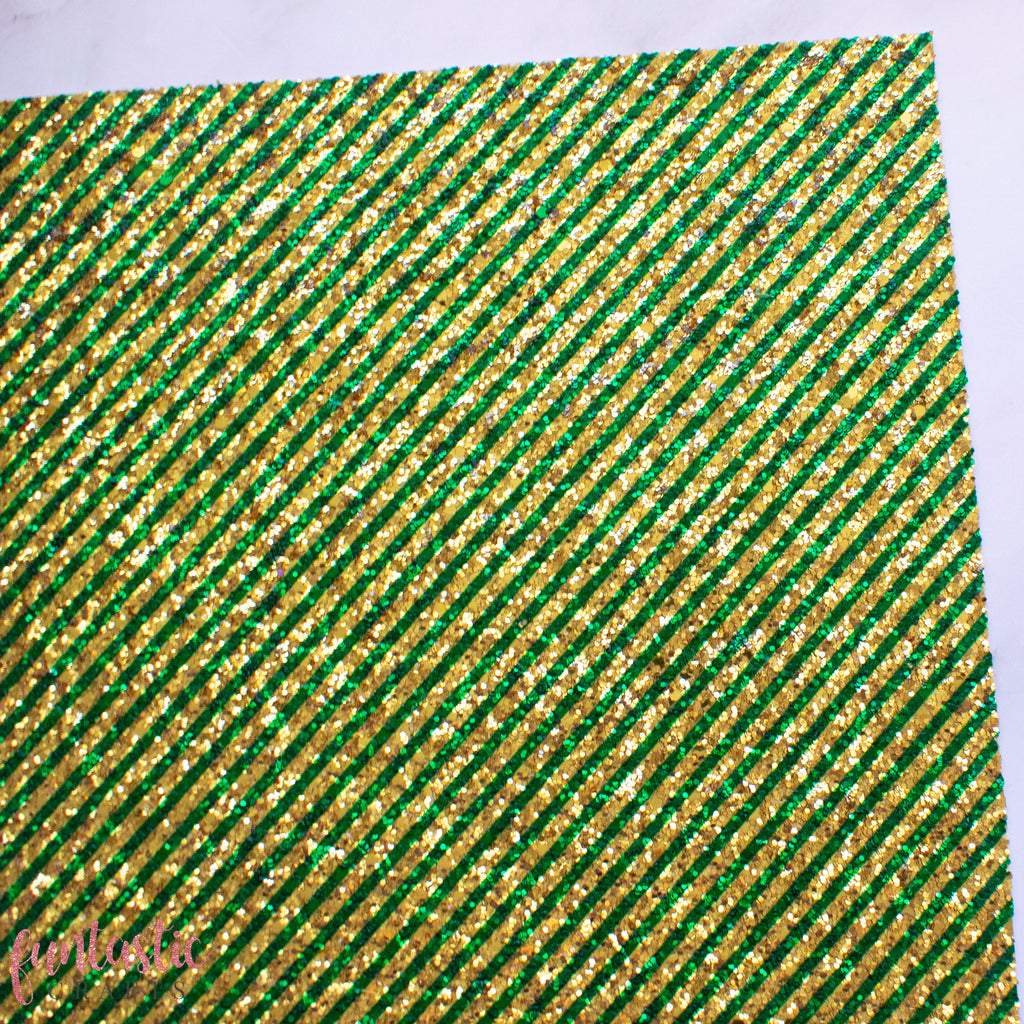 Green and Gold Candy Stripe Christmas Chunky Glitter Fabric