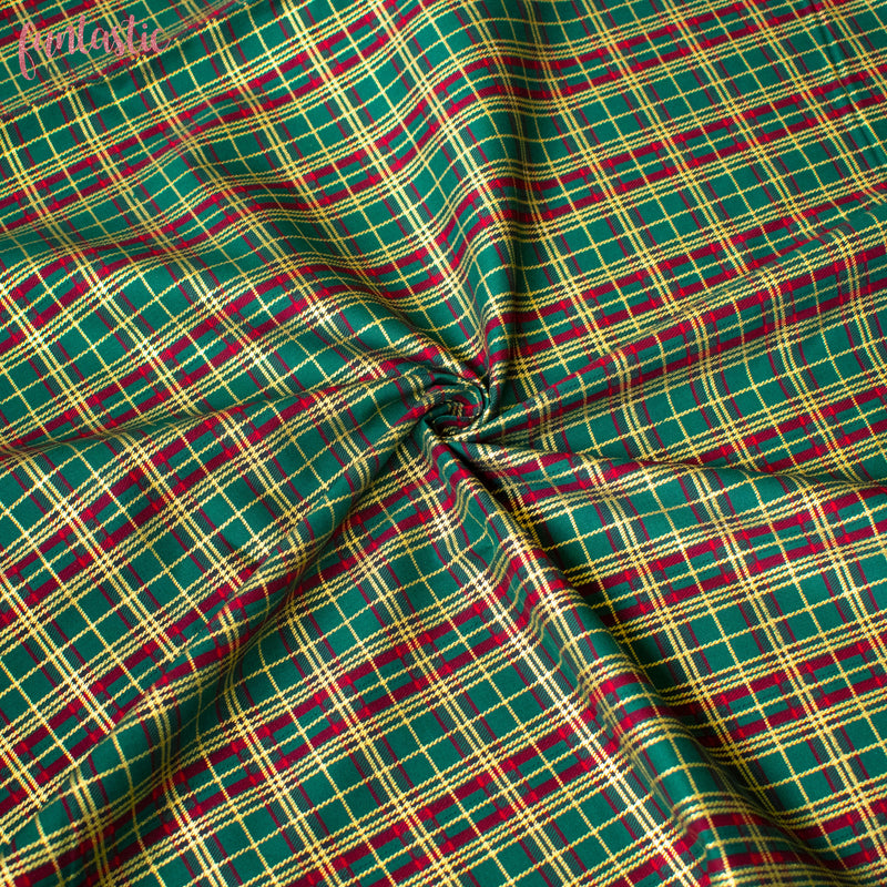 Green and Gold Metallic Tartan 100% Cotton Christmas Fabric