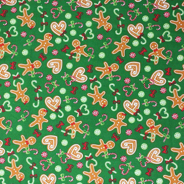 Green Gingerbread Christmas Polycotton Fabric