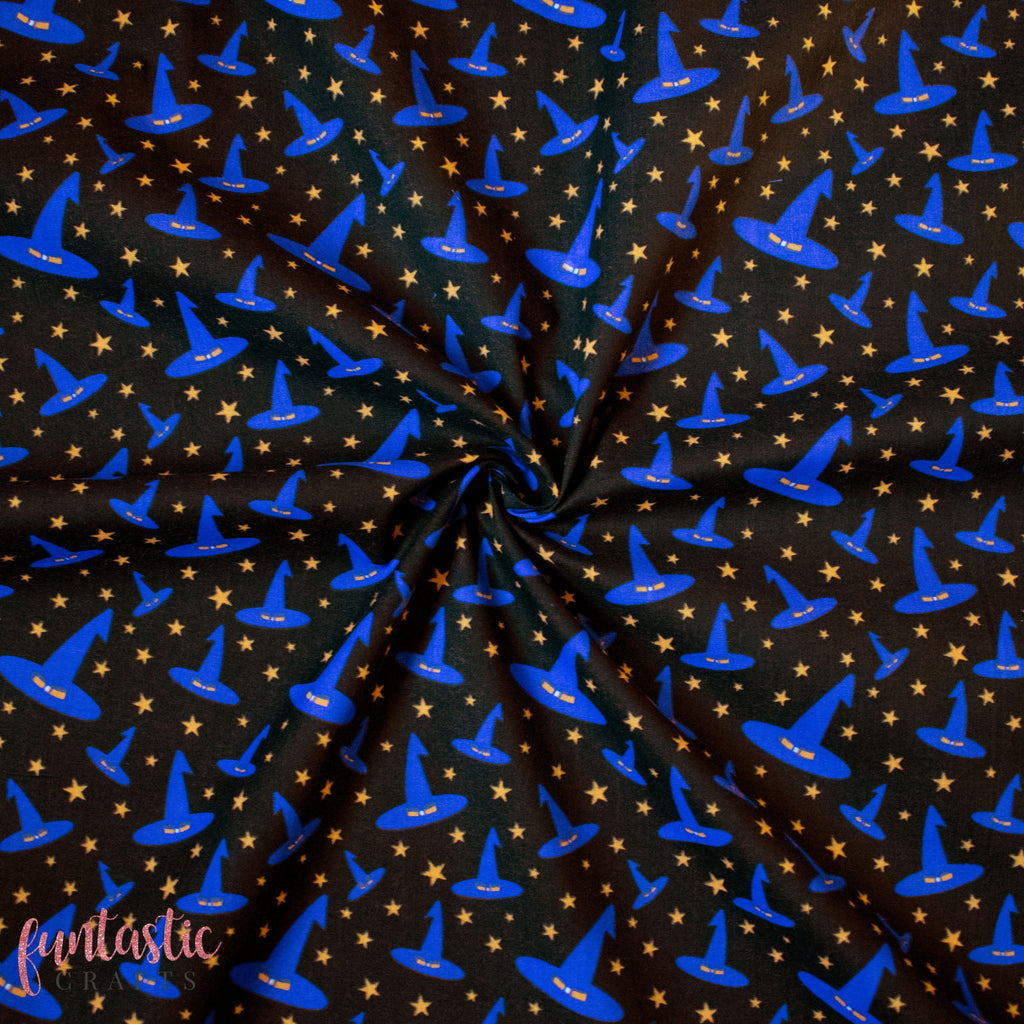 Witch Hats on Black - Halloween Polycotton Fabric