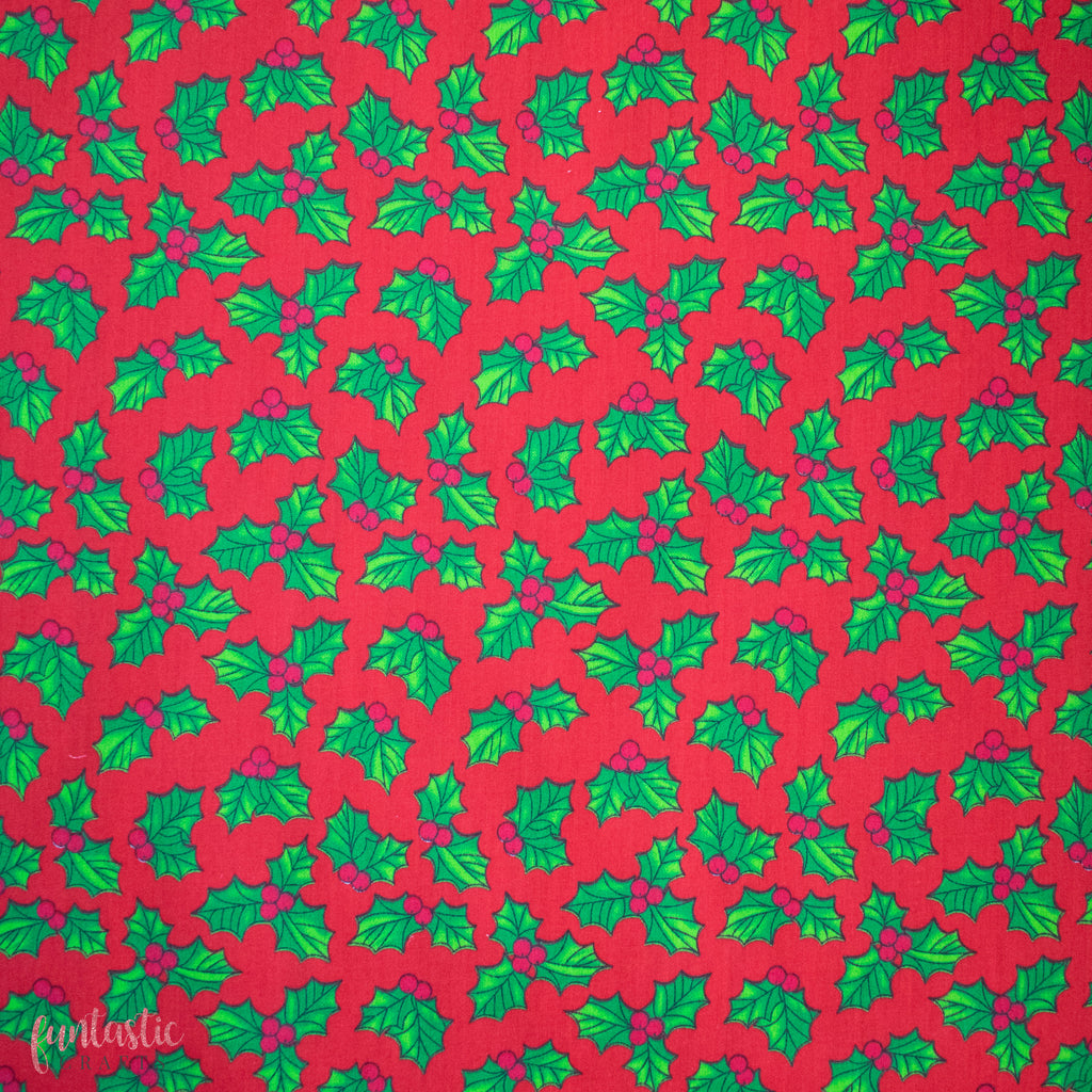 Holly on Red Polycotton Fabric