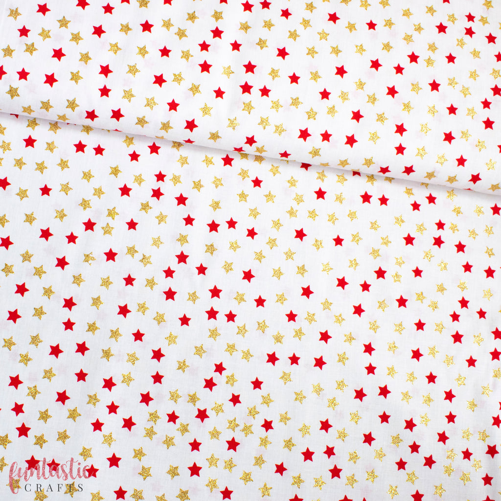 Red and Gold Glitter Stars 100% Cotton Christmas Fabric by Rose and Hubble