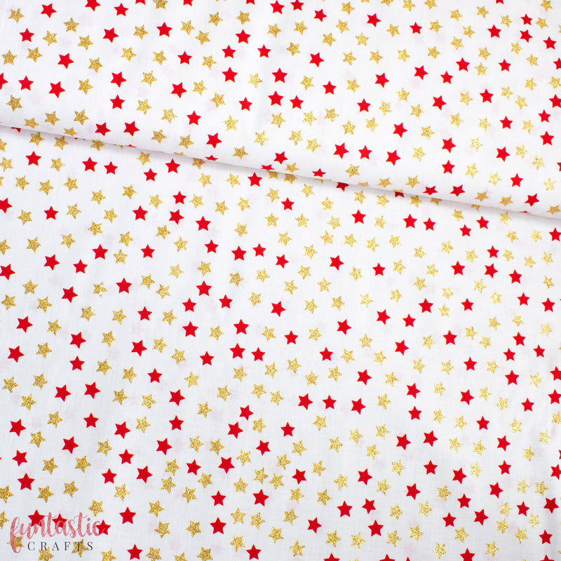 Red and Gold Glitter Stars 100% Cotton Christmas Fabric by Rose and Hubble
