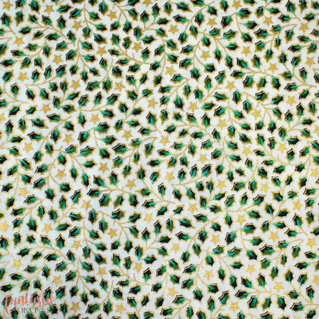 Mini Holly and Stars on Ivory 100% Cotton Christmas Fabric