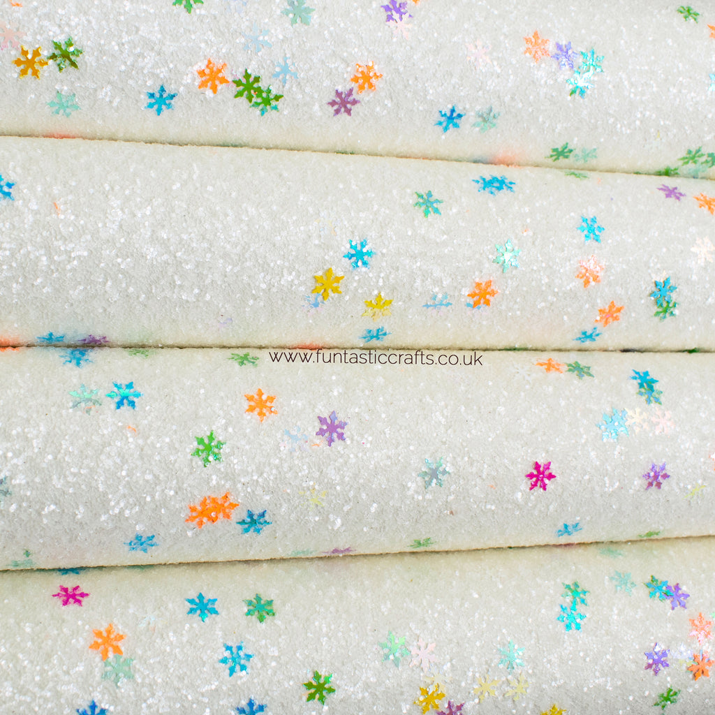 Rainbow Snowflakes Chunky Glitter Fabric