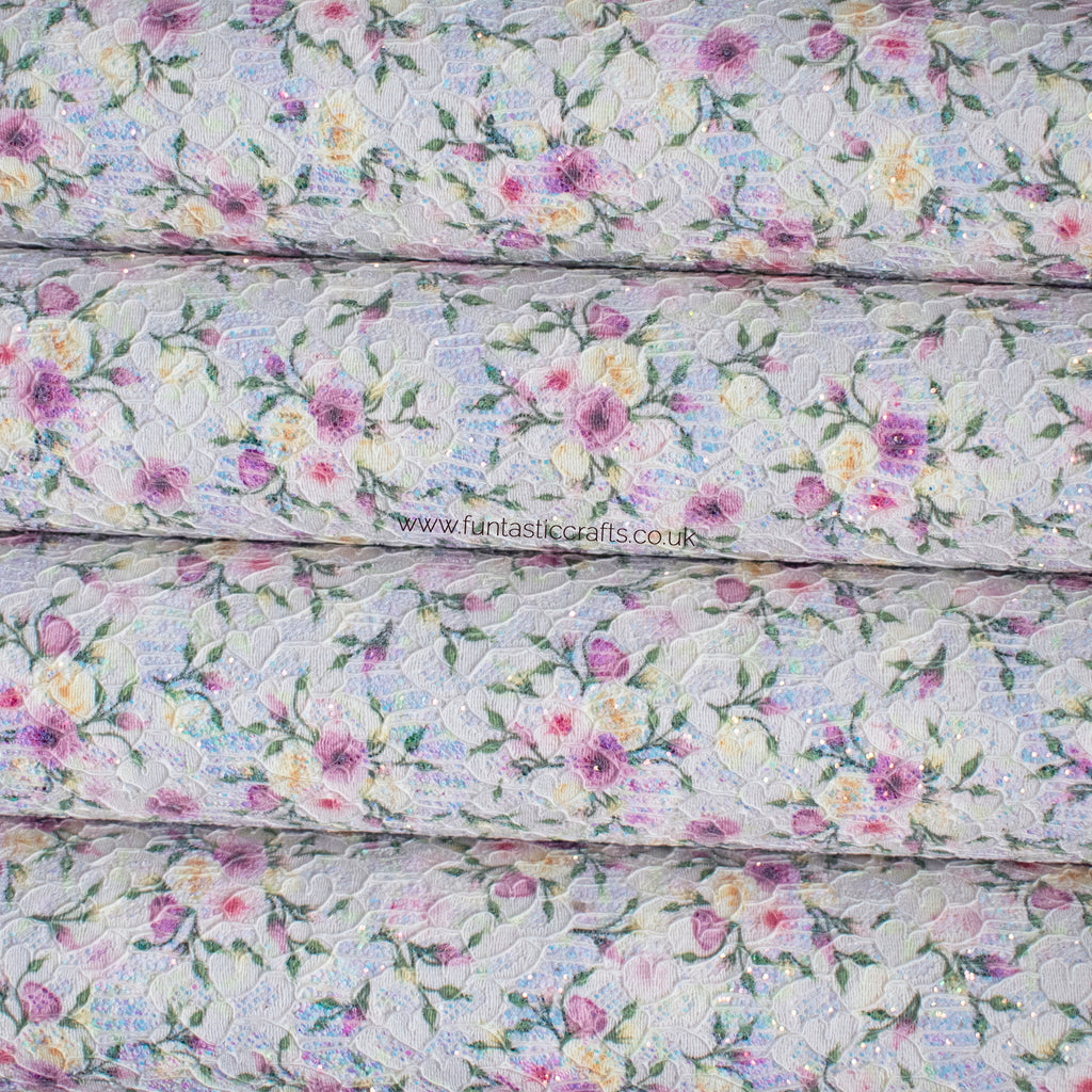 Iridescent Floral Glitter Lace Fabric - Lilac