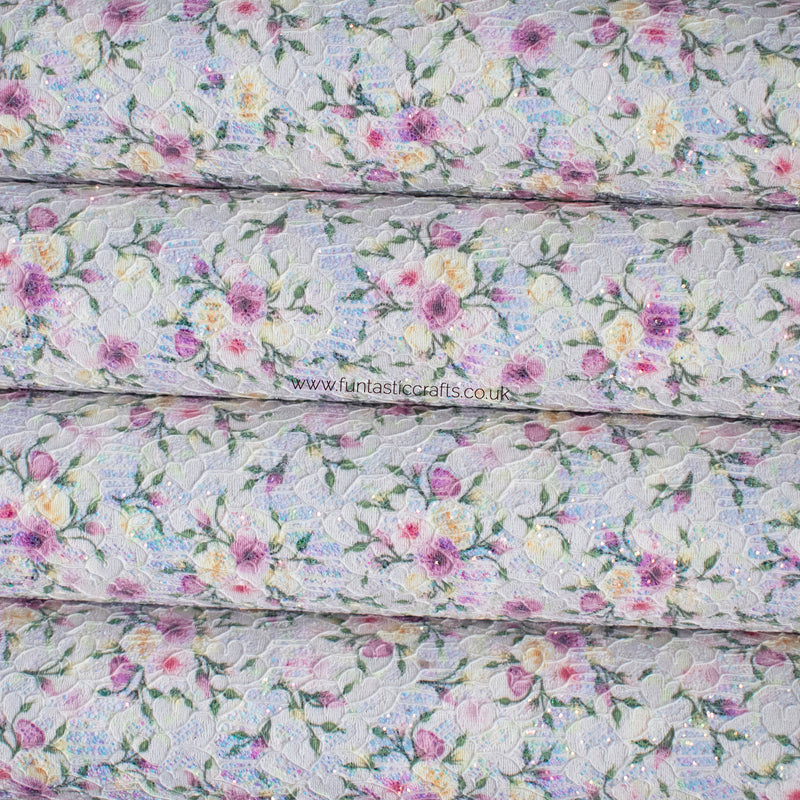 Iridescent Floral Glitter Lace Fabric - Lilac