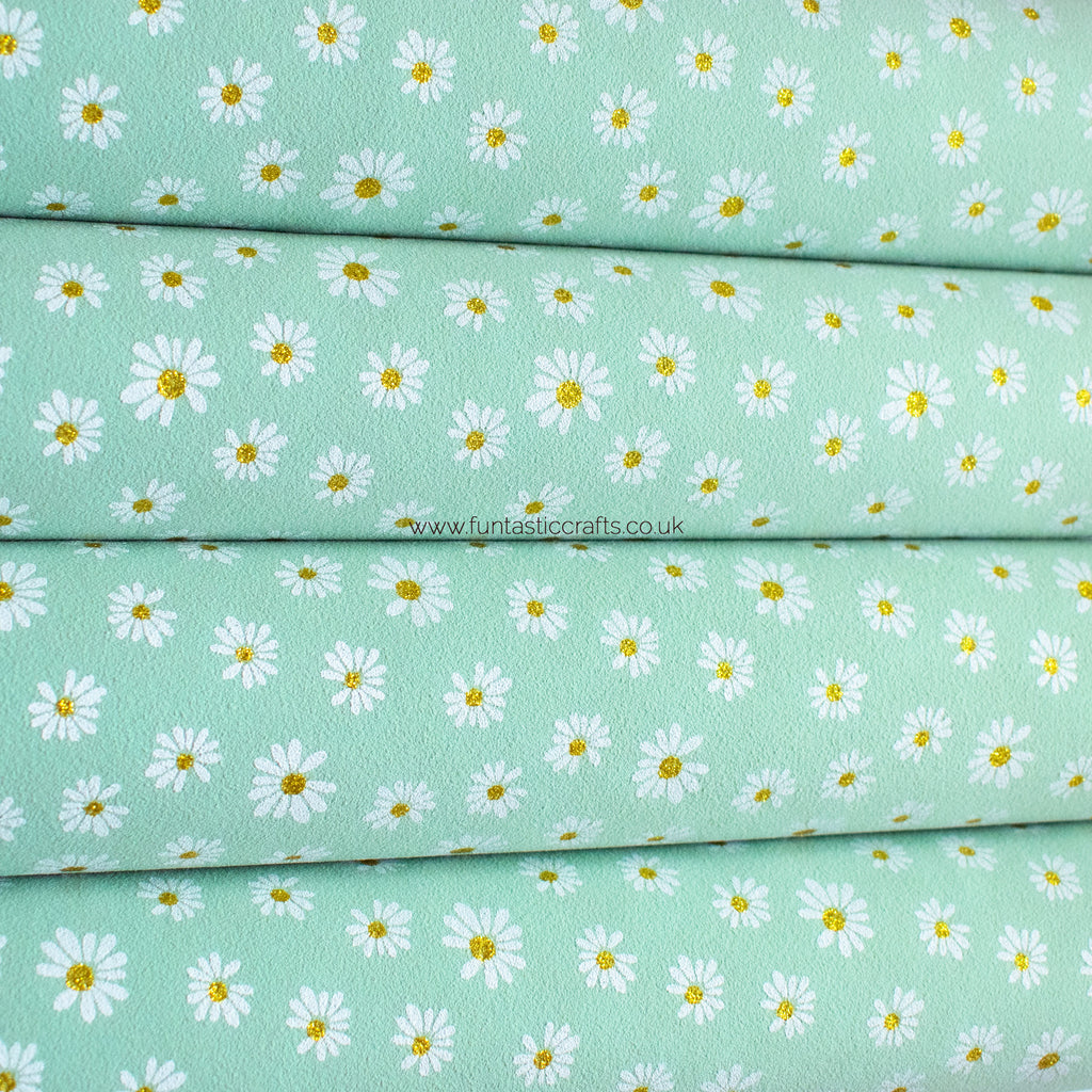 Mint Daisy Floral Faux Suede Fabric