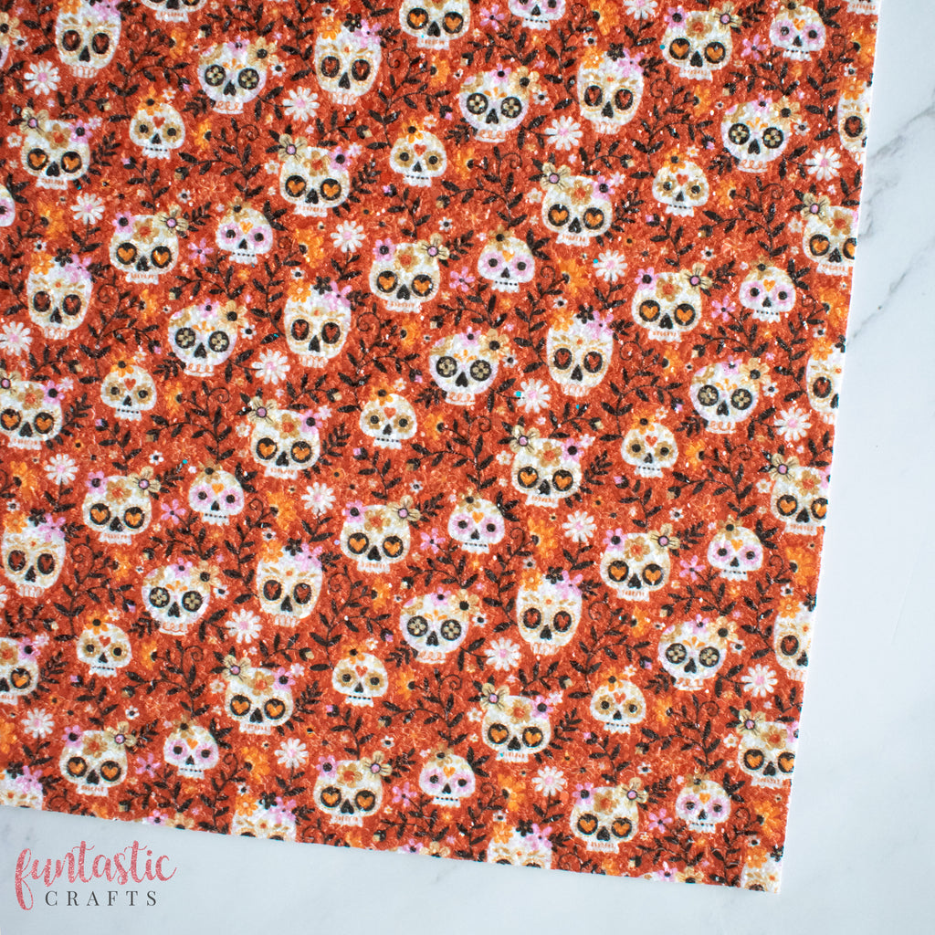 Orange Sugar Skulls Halloween Chunky Glitter Fabric