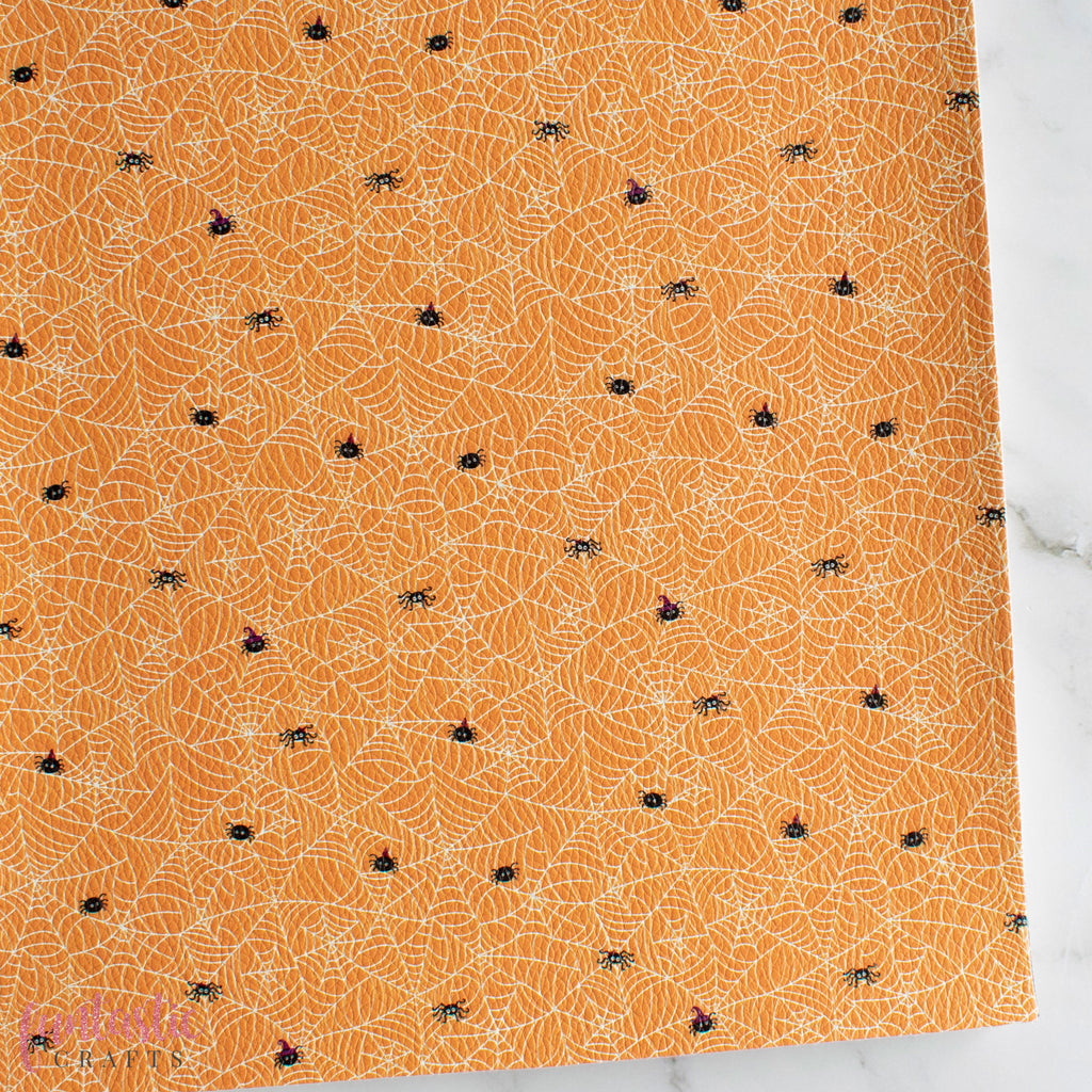 Cobwebs on Orange Halloween Printed Leatherette