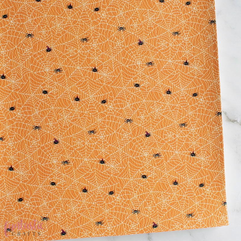 Cobwebs on Orange Halloween Printed Leatherette