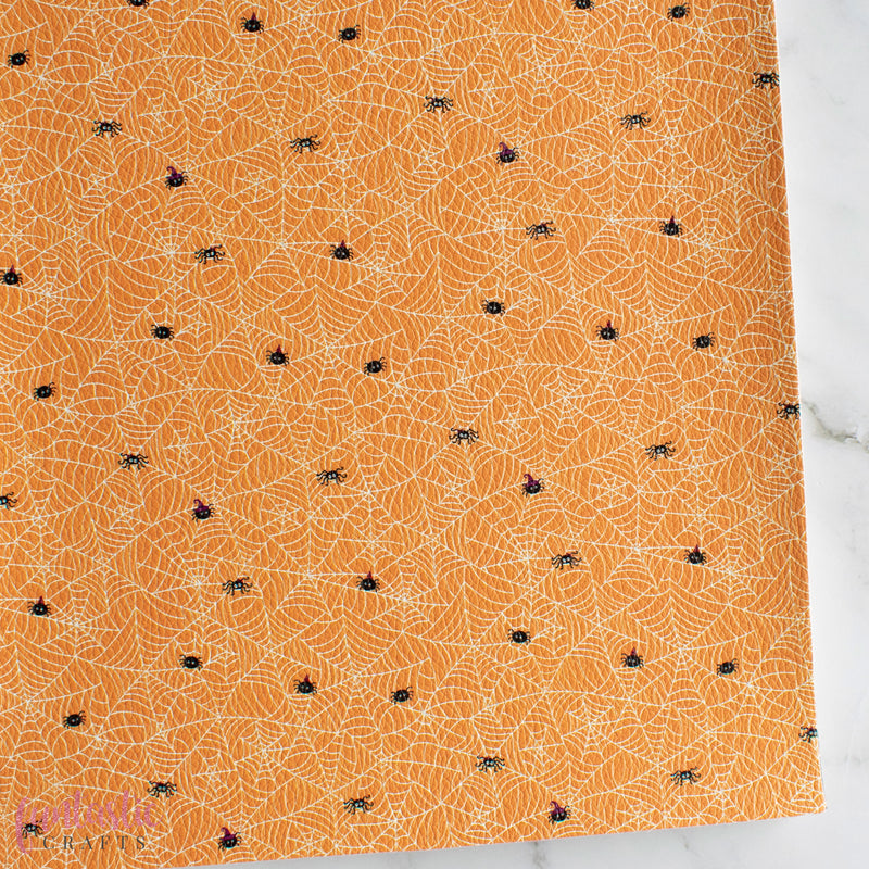 Cobwebs on Orange Halloween Printed Leatherette