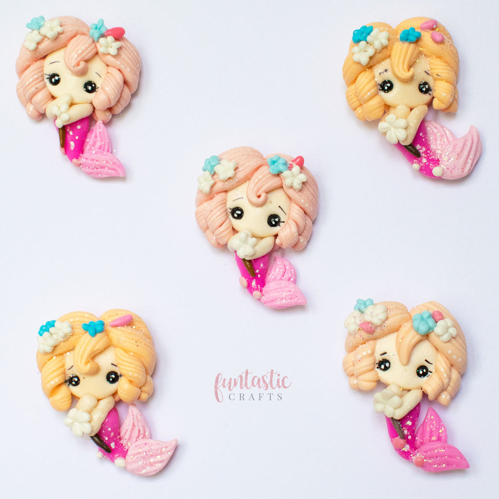 Handmade Flat Back Clay Embellishments - Pink Floral Mermaid