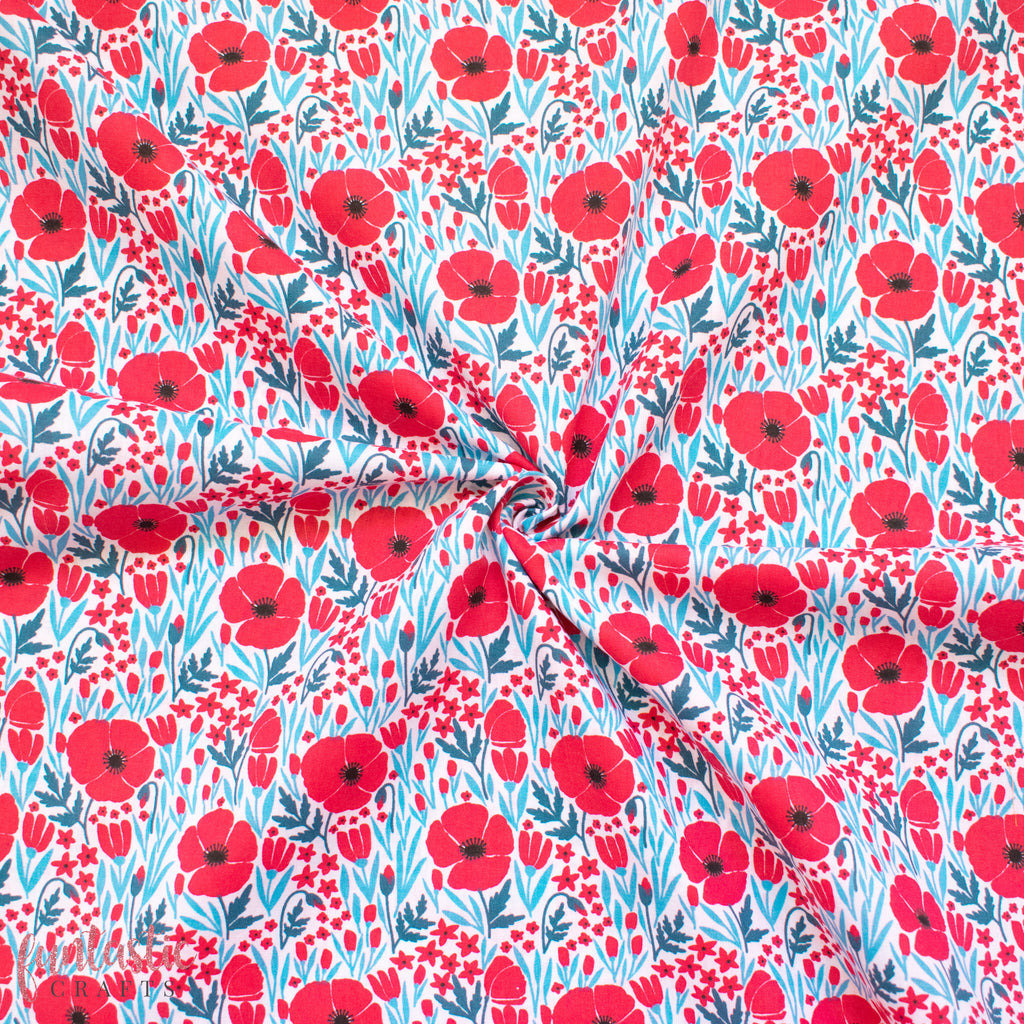 Poppy Fields on White Polycotton Fabric