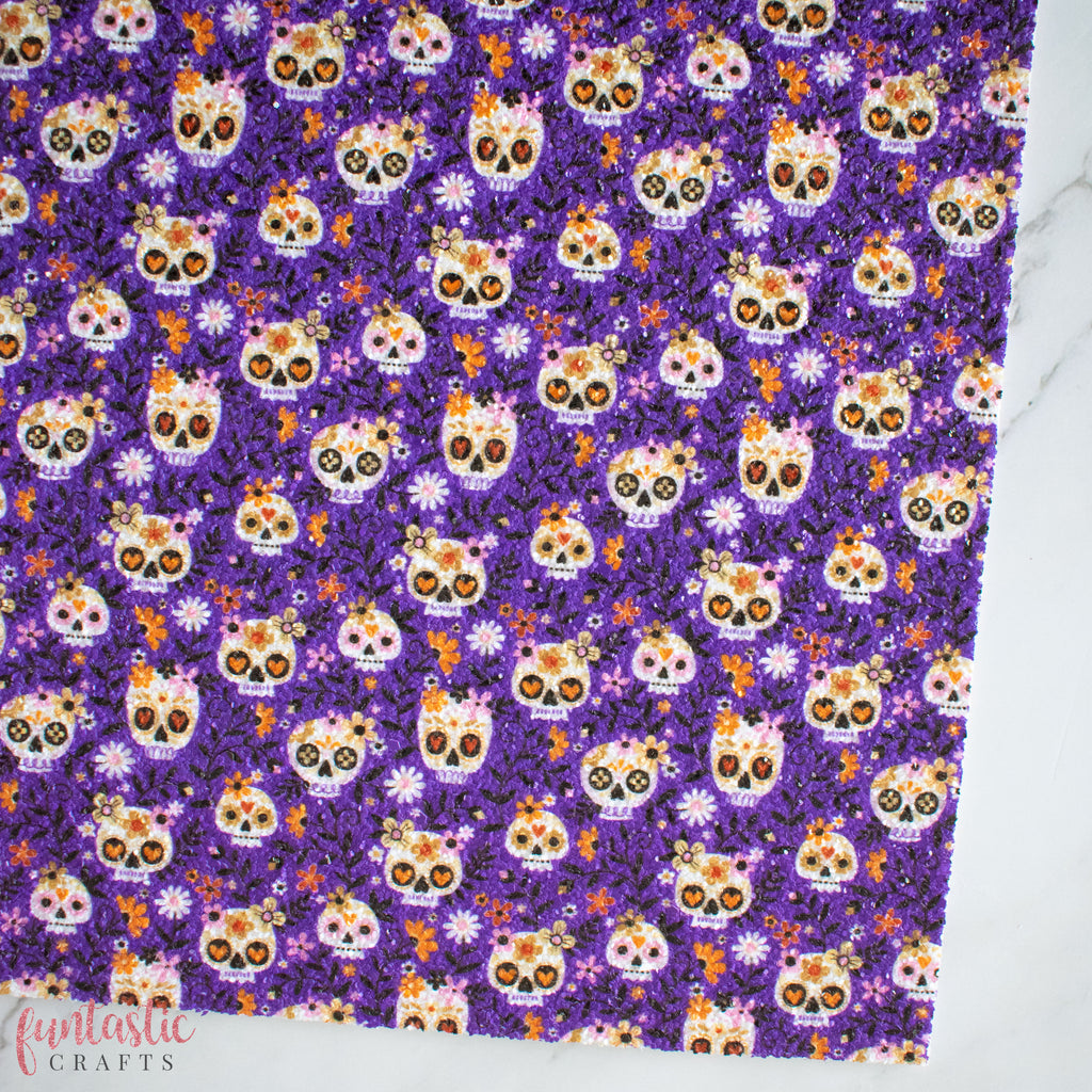 Purple Sugar Skulls Halloween Chunky Glitter Fabric