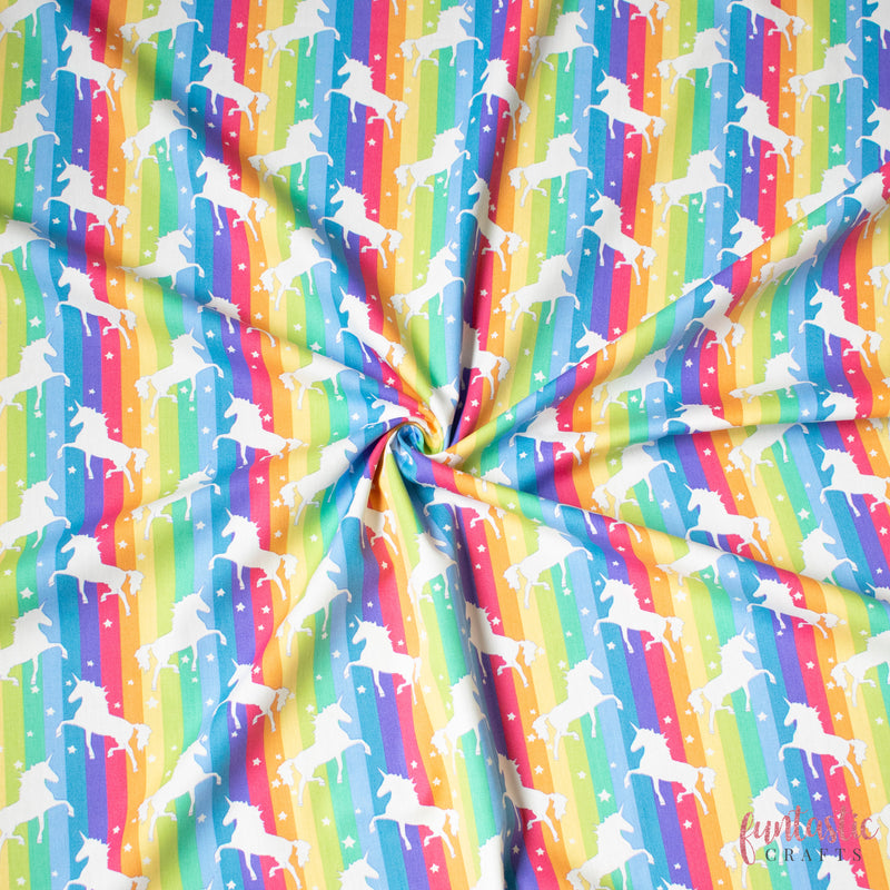 Unicorns Rainbow Stripe - 100% Cotton Fabric by Rose and Hubble