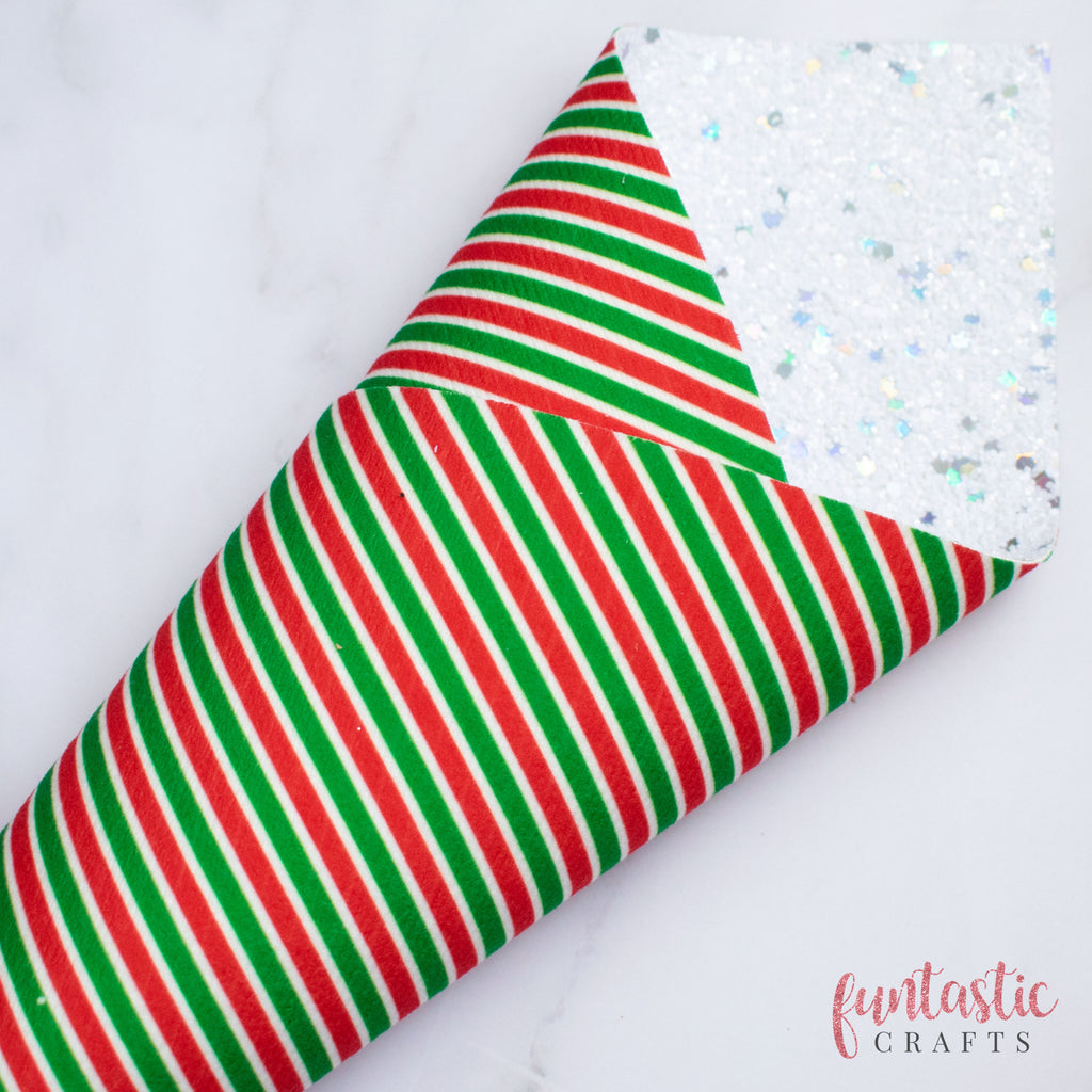 Red and Green Christmas Stripe Double Sided Glitter Fabric