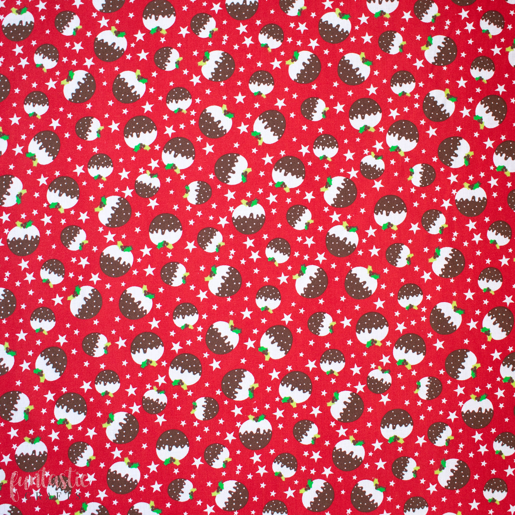 Christmas Pudding on Red Polycotton Fabric