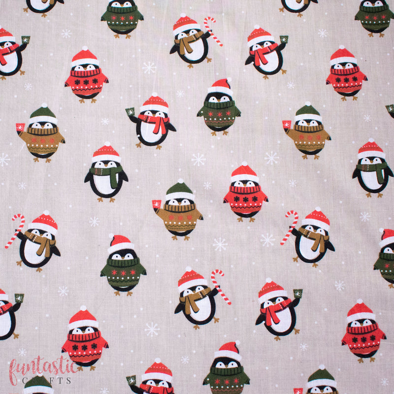 Penguins in Christmas Jumpers on Silver Polycotton Fabric