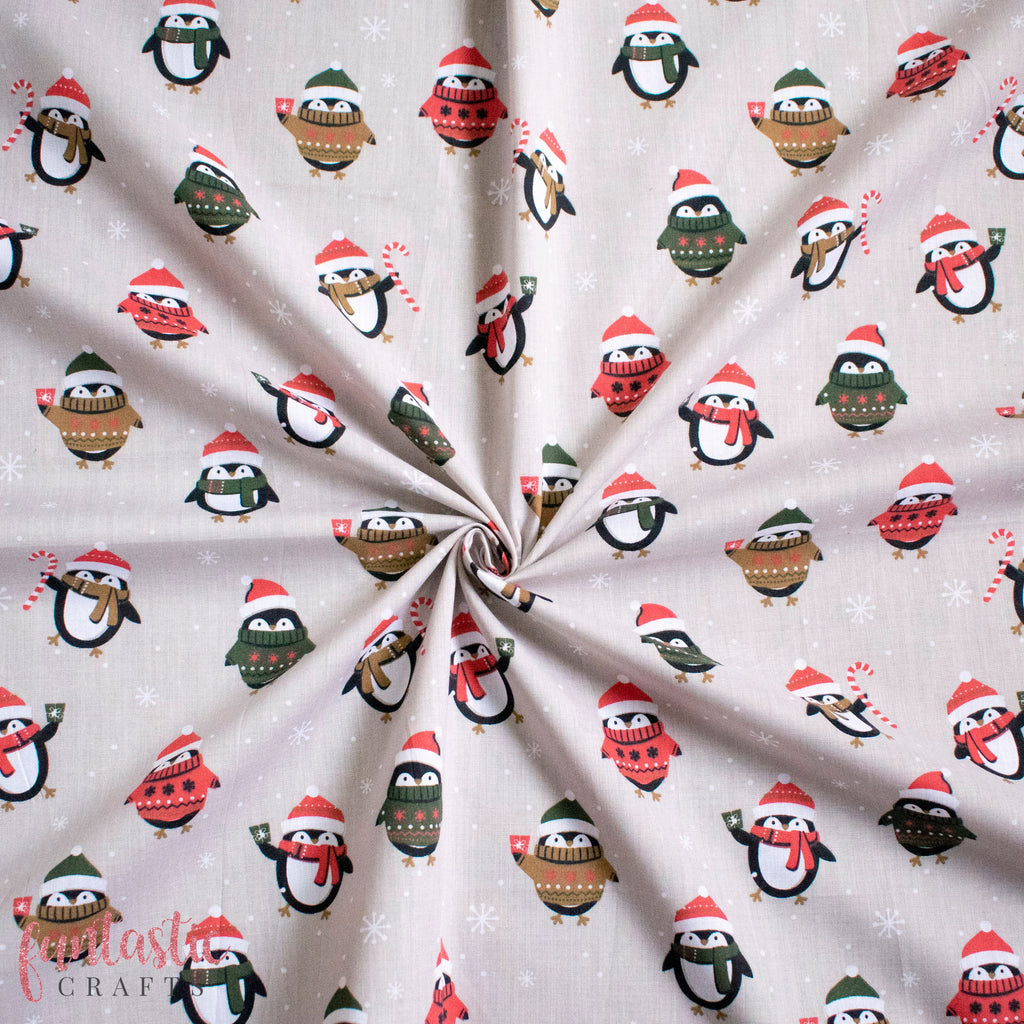 Penguins in Christmas Jumpers on Silver Polycotton Fabric