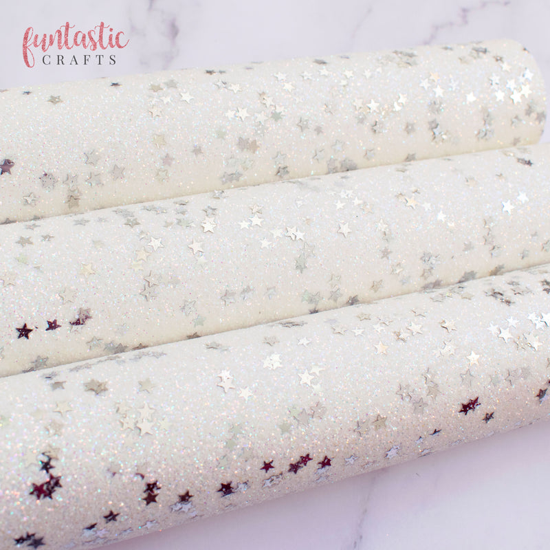 Silver Stars on Iridescent White Fine Glitter Fabric
