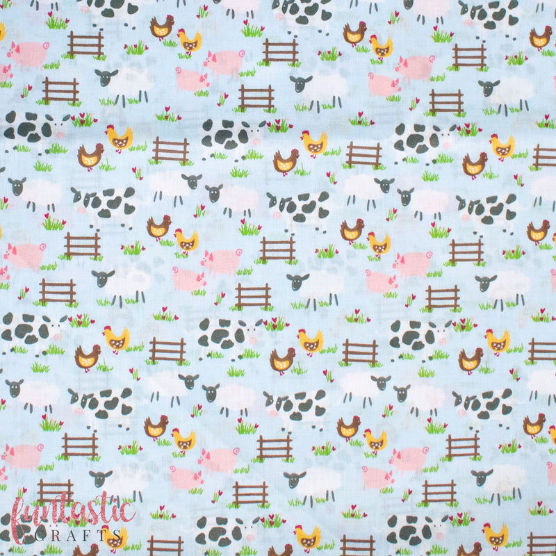 Farm Animals on Baby Blue Polycotton Fabric