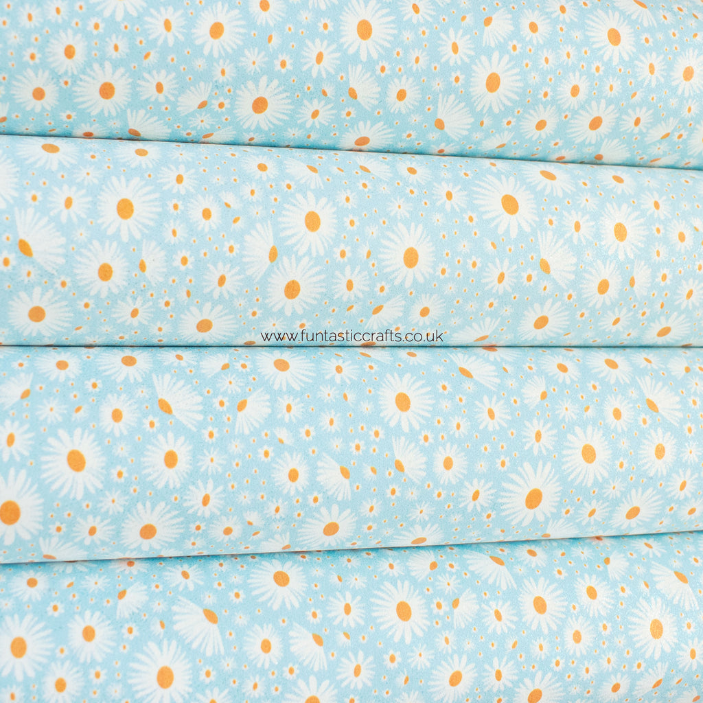 Sky Blue Daisy Floral Glitter Faux Suede Fabric