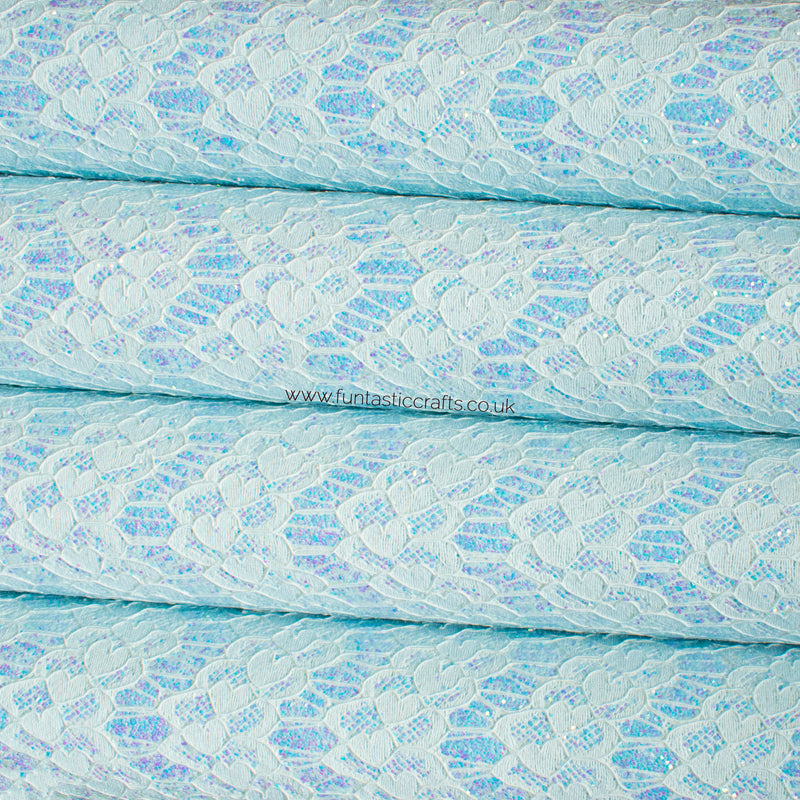 Iridescent Pastel Glitter Lace Fabric - Sky Blue
