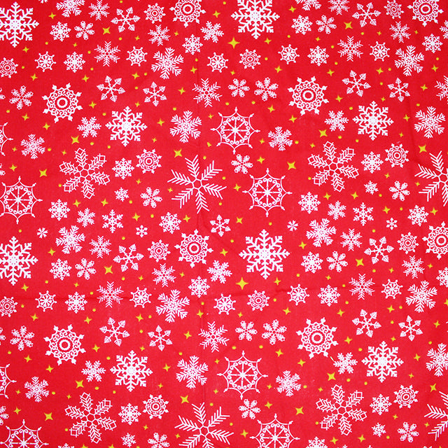 Snow and Stars on Red Polycotton Fabric