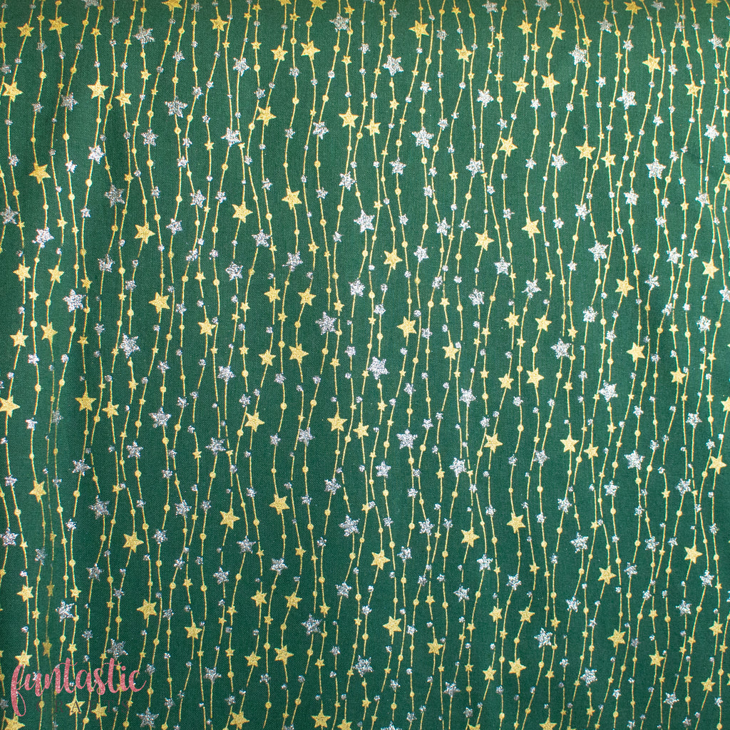 Gold and Silver Glitter Stars on Green 100% Cotton Christmas Fabric