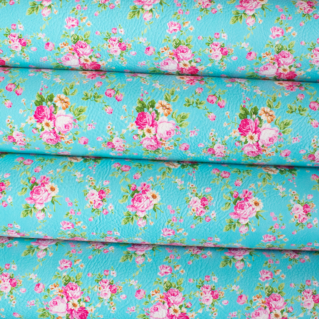 Turquoise Floral Bouquets Printed Leatherette